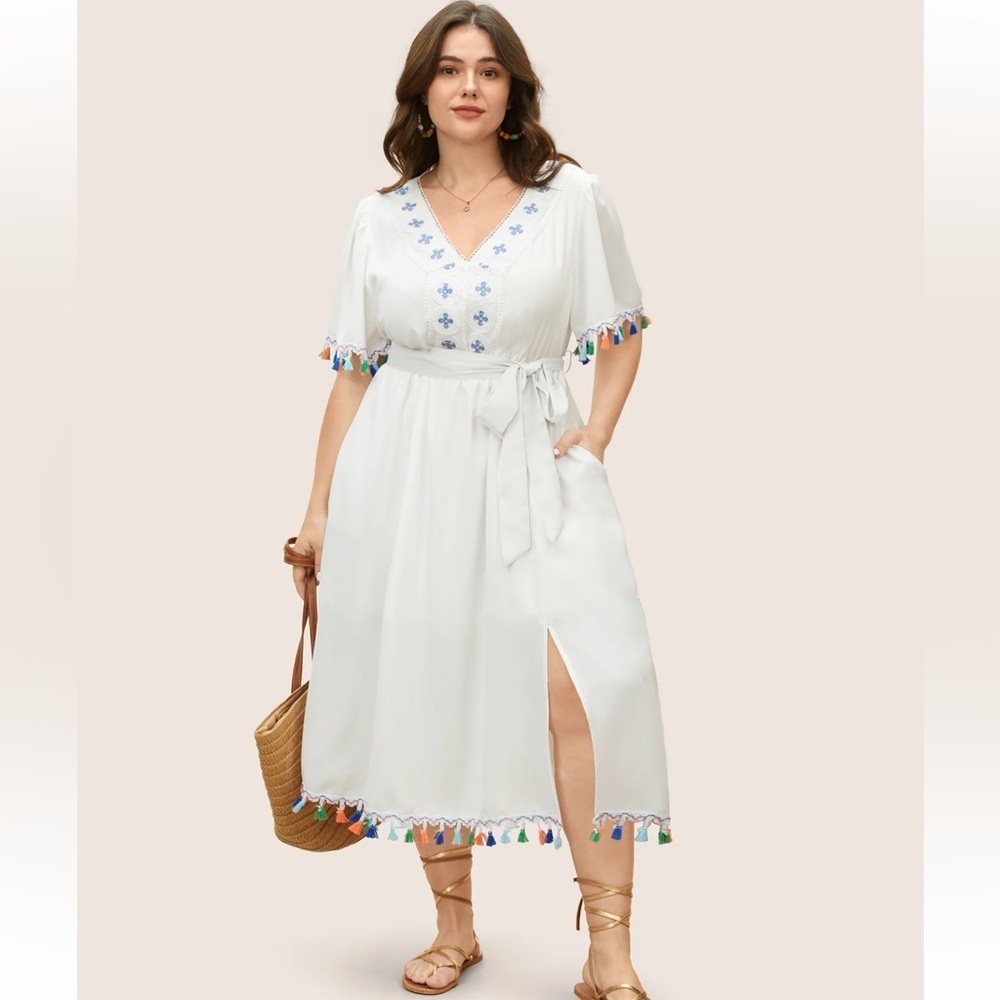 BloomChic Plus Size Lace Collar Woven Ribbon Colored Tassel Trim Belted Dress